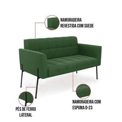 Sofá Namoradeira E Poltrona Pé De Ferro Preto Para Sala Elisa Suede Verde D03 - D'rossi