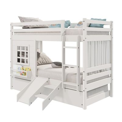 Treliche Infantil Com Janela Escorregador E Cortina Madeira Maciça Branco Housin