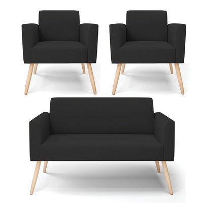 Sofá Namoradeira Com 2 Poltronas Pés Palito Natural Marisa Veludo Preto D03 - D'rossi