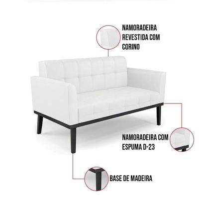 Sofá Namoradeira E 2 Poltronas Base De Madeira Preto Elisa Corino Branco D03 - D'rossi