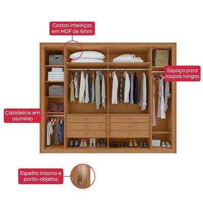 Guarda Roupa Easy Space 6 Portas C/ Espelho Amendoa Clean