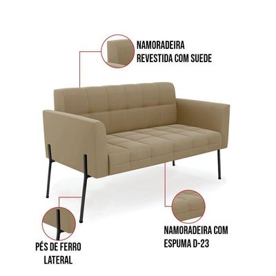 Sofá Namoradeira E Poltrona Pé De Ferro Preto Para Sala Elisa Suede D03 - D'rossi Cor Marrom Rato