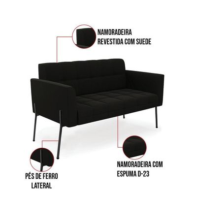 Sofá Namoradeira E 2 Poltronas Pé De Ferro Preto Elisa Suede Preto D03 - D'rossi