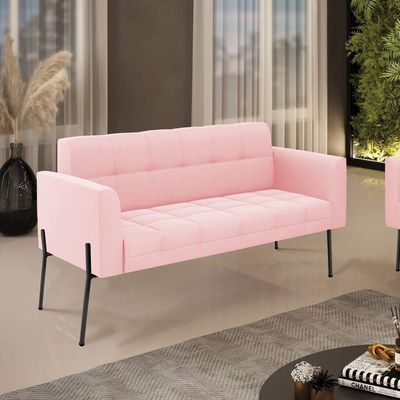 Sofá Namoradeira 2 Lugares Pé De Ferro Preto Elisa Suede D03 - D'rossi Cor Rosa Bebê