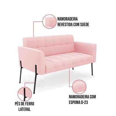 Sofá Namoradeira 2 Lugares Pé De Ferro Preto Elisa Suede D03 - D'rossi Cor Rosa Bebê