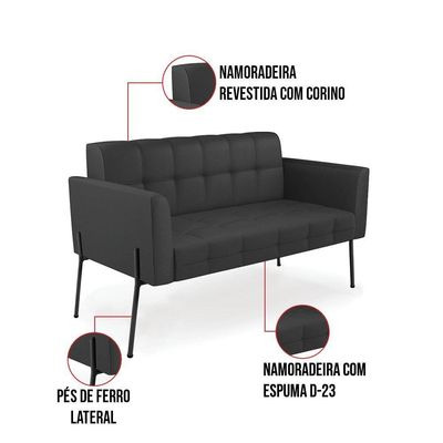 Sofá Namoradeira E 2 Poltronas Pé De Ferro Preto Elisa Corino Preto D03 - D'rossi