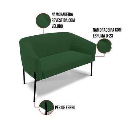 Sofá Namoradeira E Poltrona Pé De Ferro Preto Stella Veludo D03 - D'rossi Cor Verde