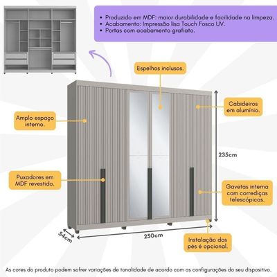 Guarda-roupas Casal 6 Portas Com Espelhos Multimóveis Cr35242 Cinza