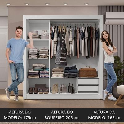 Guarda-roupa Casal 3 Portas Correr 2 Gavetas Branco/Cinza