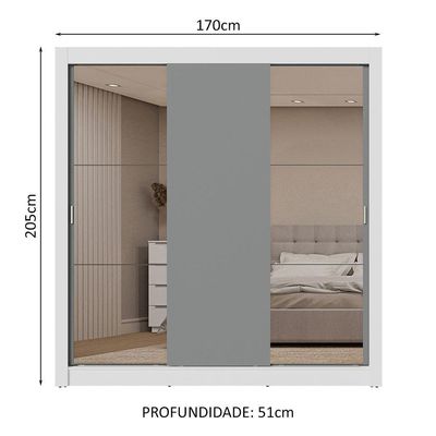 Guarda-roupa Casal 3 Portas Correr 2 Gavetas Branco/Cinza