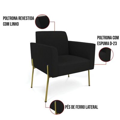 Sofá Namoradeira E Poltrona Pé De Ferro Dourado Marisa Linho D03 Preto