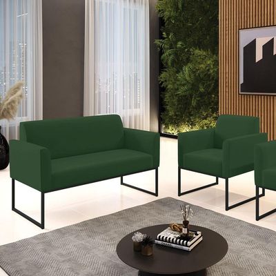 Sofá Namoradeira Com Poltrona Base Industrial Preto Marisa Veludo Verde D03 - D'rossi