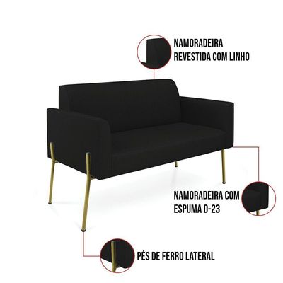Sofá Namoradeira E Poltrona Pé De Ferro Dourado Marisa Linho D03 Preto