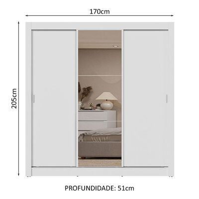 Guarda-roupa Casal 3 Portas Correr Espelho 2 Gavetas Branco