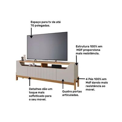 Rack Bancada Para Tv Até 70 Pol Moema Ripado Com 4 Portas 185cm Off White-cinamomo - Permóbili