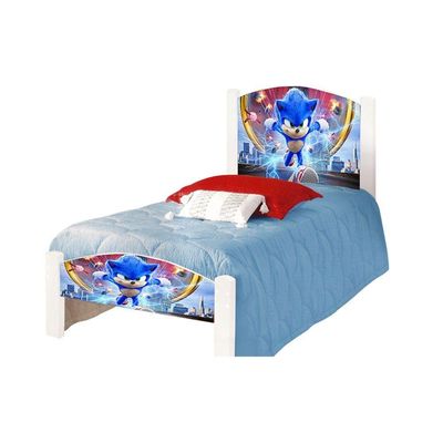 Cama Solteiro Infantil Sonic Adesivada Com Colchão Branco