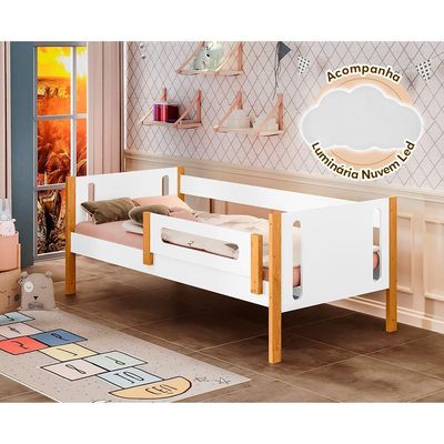 Cama Babá Infantil Mirela Branco/Amêndoa Com Grade De Proteção Acompanha Luminária Led - Branco