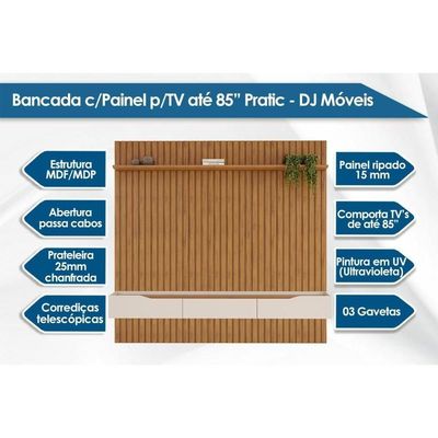 Rack Bancada c/Painel p/TV até 85 Polegadas Pratic Ripado Prateleira 250x240cm Freijo - DJ Móveis