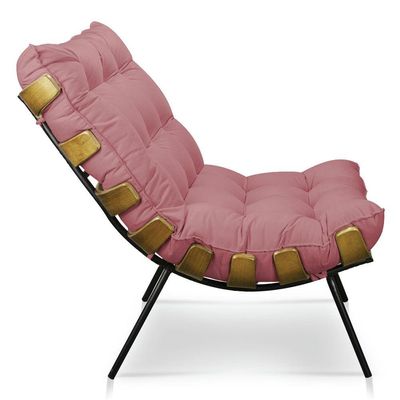 Kit Poltrona e Puff Costela Suede Rose Base Meta Drossi
