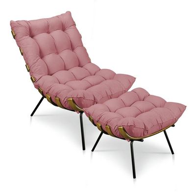 Kit Poltrona e Puff Costela Suede Rose Base Meta Drossi