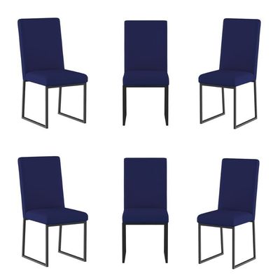 Kit 6 Cadeiras Estofadas Base De Ferro Preta Para Mesa Jantar Azul Marinho