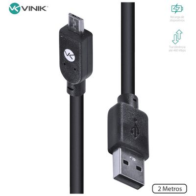 Cabo USB X Micro USB B 2.0 5 Pinos 2 Metros Preto - MUSB-2