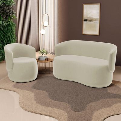 Kit Poltrona E Namoradeira Aisha Orgânica Suede Bege Claro - Desk Design