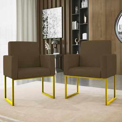 Kit 02 Poltronas Com Base De Ferro Dourado Reforçada Balaqui Marrom