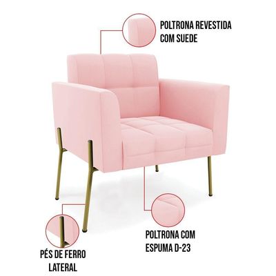 Poltrona Pé De Ferro Dourado Para Sala Elisa Suede D03 - D'rossi Cor Rosa Bebê