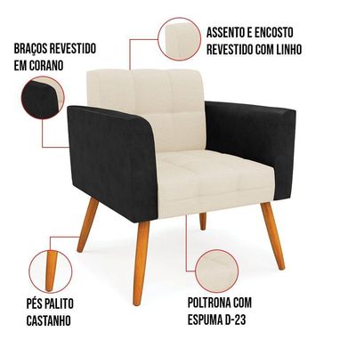Poltrona Pés Palito Castanho Elisa Preto-linho Bege A19 D03 - D'rossi