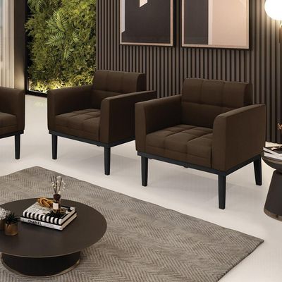 Poltrona Base De Madeira Fixa Preto Kit 2 Elisa Suede D03 - D'rossi Cor Marrom