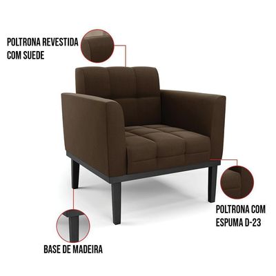 Poltrona Base De Madeira Fixa Preto Kit 2 Elisa Suede D03 - D'rossi Cor Marrom