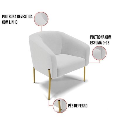 Poltrona Pé De Ferro Dourado Kit 2 Stella Linho Cinza A05 D03 - D'rossi