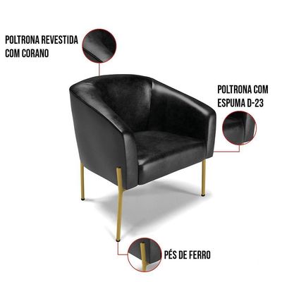 Poltrona Pé De Ferro Dourado Kit 2 Stella Corano D03 - D'rossi Cor Preto
