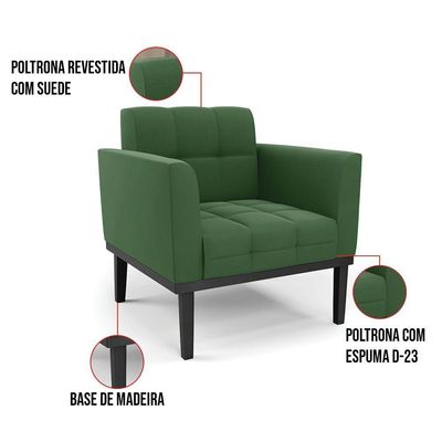 Poltrona Base De Madeira Fixa Preto Elisa Suede Verde D03 - D'rossi