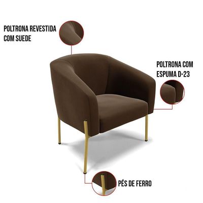 Poltrona Pé De Ferro Dourado Kit 2 Stella Suede D03 - D'rossi Cor Marrom