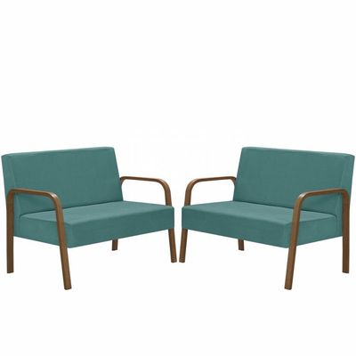 Kit 2 Poltrona 2 Lugares Jade Braço Madeira Turquesa