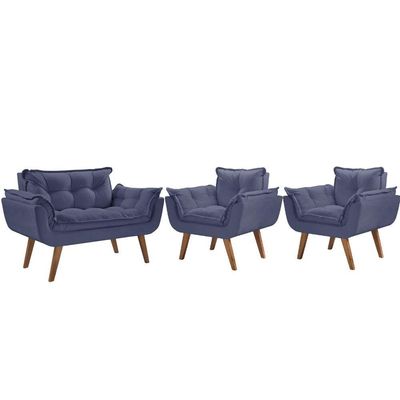 Conjunto Poltronas Opalla Pés Madeira Azul Bic