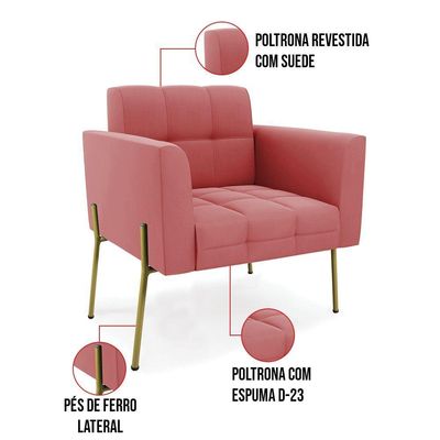 Poltrona Pé De Ferro Dourado Para Sala Elisa Suede D03 - D'rossi Cor Rose