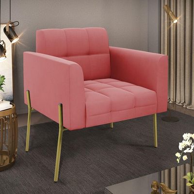 Poltrona Pé De Ferro Dourado Para Sala Elisa Suede D03 - D'rossi Cor Rose