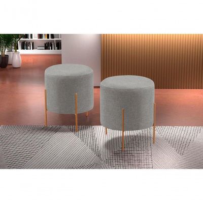 Conjunto - 2 Puff Banqueta Odim Bronze Luxo Castellar Móbile Linho Cinza