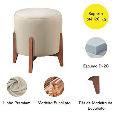 Kit 2 Puff Decorativo Redondo Luxo Roma Linho Marfim