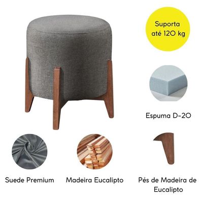 Kit 2 Puff Decorativo Para Sala Redondo Luxo Selena Suede Cinza