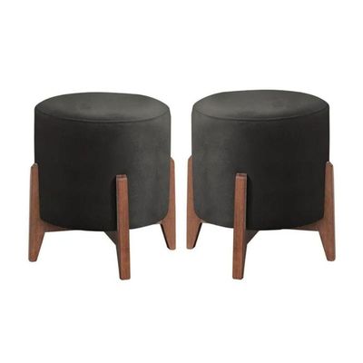 Kit 2 Puff Decorativo Para Sala Redondo Luxo Selena Suede Preto