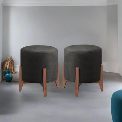 Kit 2 Puff Decorativo Para Sala Redondo Luxo Selena Suede Preto