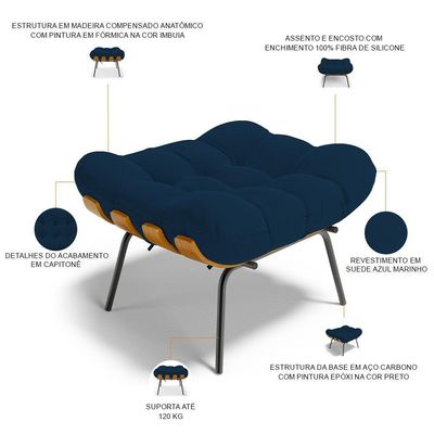 Puff Decorativo Sala De Estar Costela L02 Suede Azul Marinho - Lyam Decor