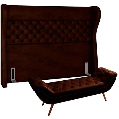 Kit Cabeceira Cama Box Casal 195cm Madrid Com Puff Recamier Santorini Couríssimo Marrom