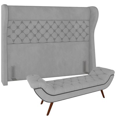 Kit Cabeceira Cama Box Casal 195cm Madrid Com Puff Recamier Santorini Veludo Cinza