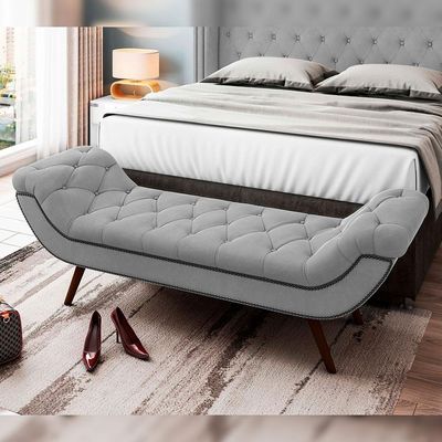 Kit Cabeceira Cama Box Casal 195cm Madrid Com Puff Recamier Santorini Veludo Cinza