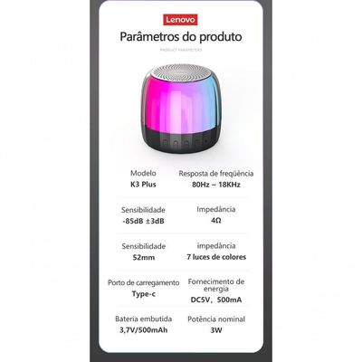Caixa De Som Bluetooth Lenovo K3 Preto